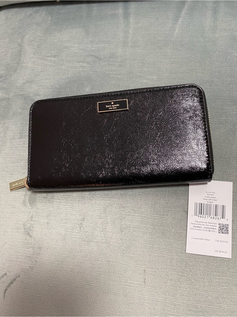 kate spade NWT Black Crinkle Patent Leather Large Continental Wallet Bridget